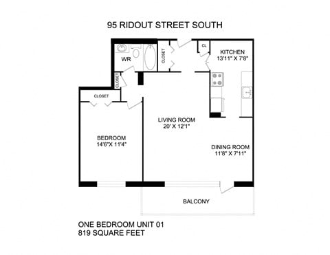 Floor plan for 1 bed, 1 bath, 897 sqft